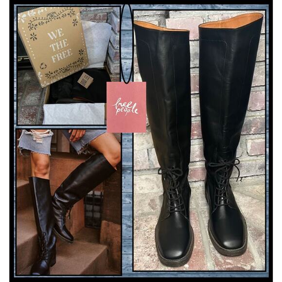 Free People Black Leather Tall We The Free Tanner Boots Size 7 - Picture 1 of 8